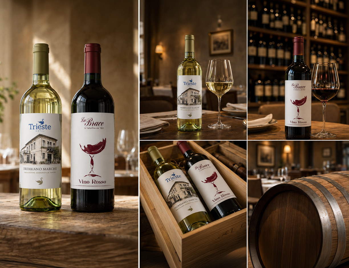Collage di bottiglie di vino con etichette personalizzate per ristoranti e hotel