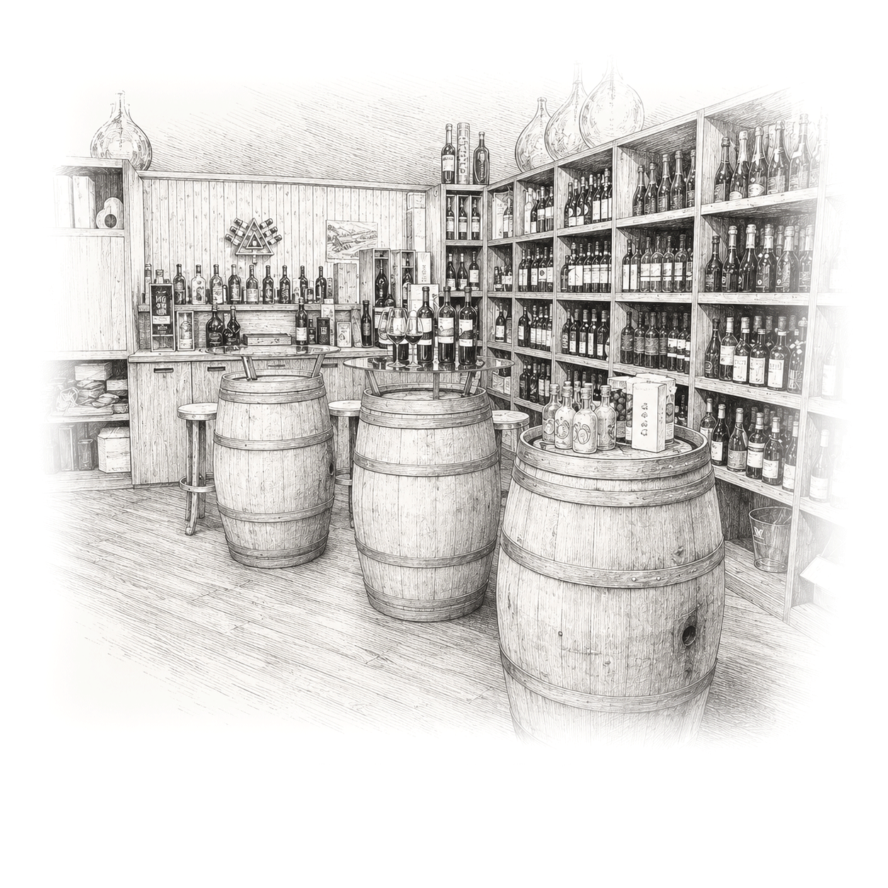 Illustrazione del punto vendita Vinicola Canclini a Colico con bottiglie e botti di vino